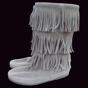 Minnetonka 3-layer Fringe Boots Sz 11 NIB  Stone Color Women's